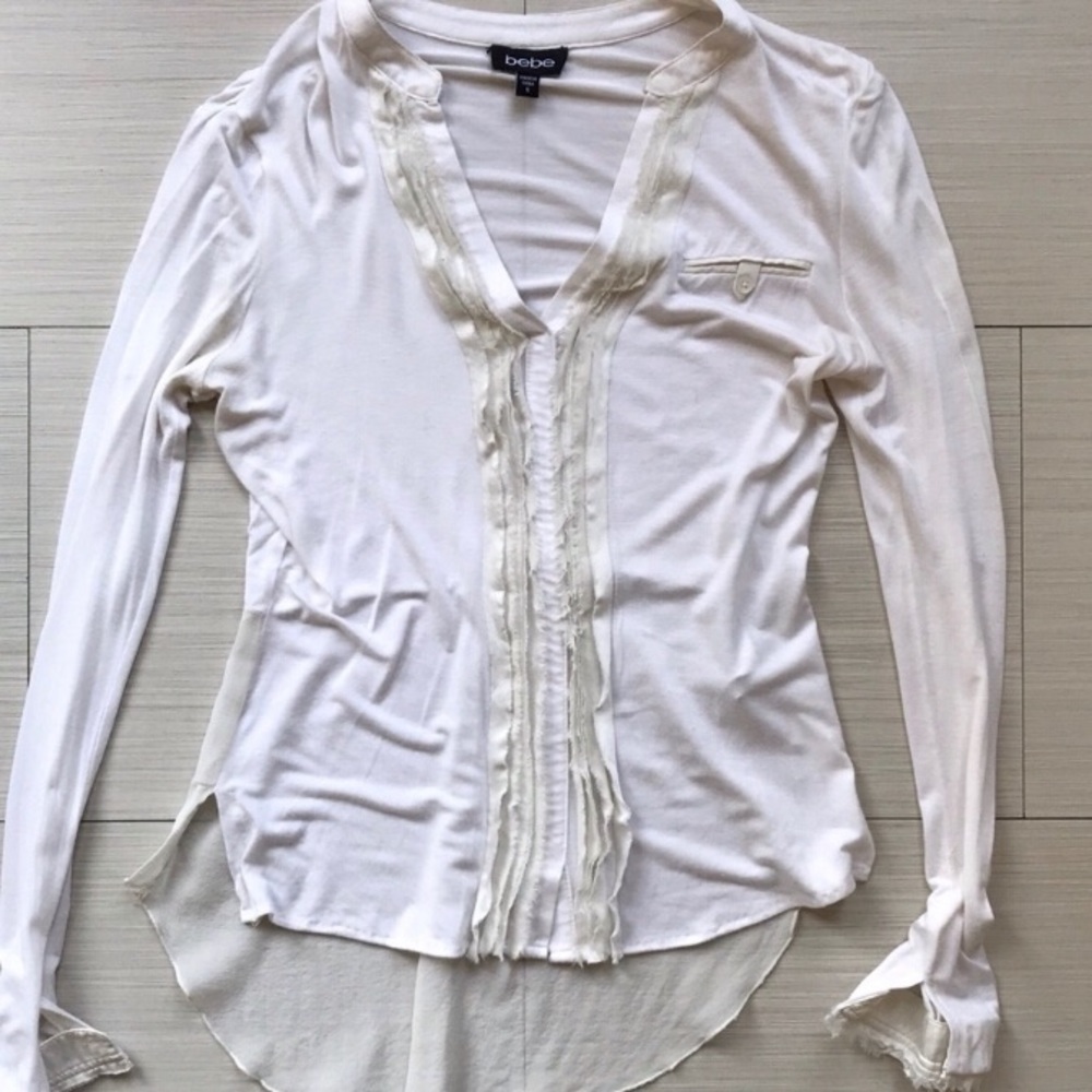 bebe Long Sleeve Ruffle and Lace V-cut Tee